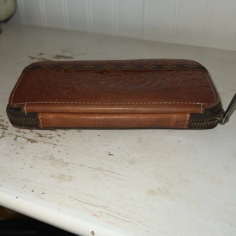 Patricia Nash Embossed Brown Leather Wallet zip around fold over